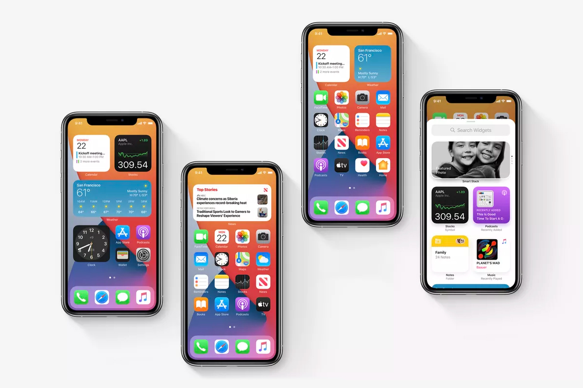four iphones with ios14 widgets and apps
